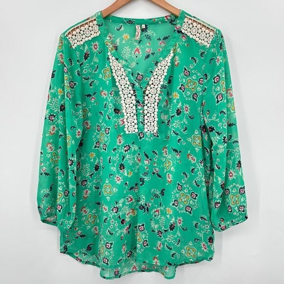 Mint Green Sheer Peasant Blouse with Open Crochet Work Womens Large Red Camel - Picture 2 of 7